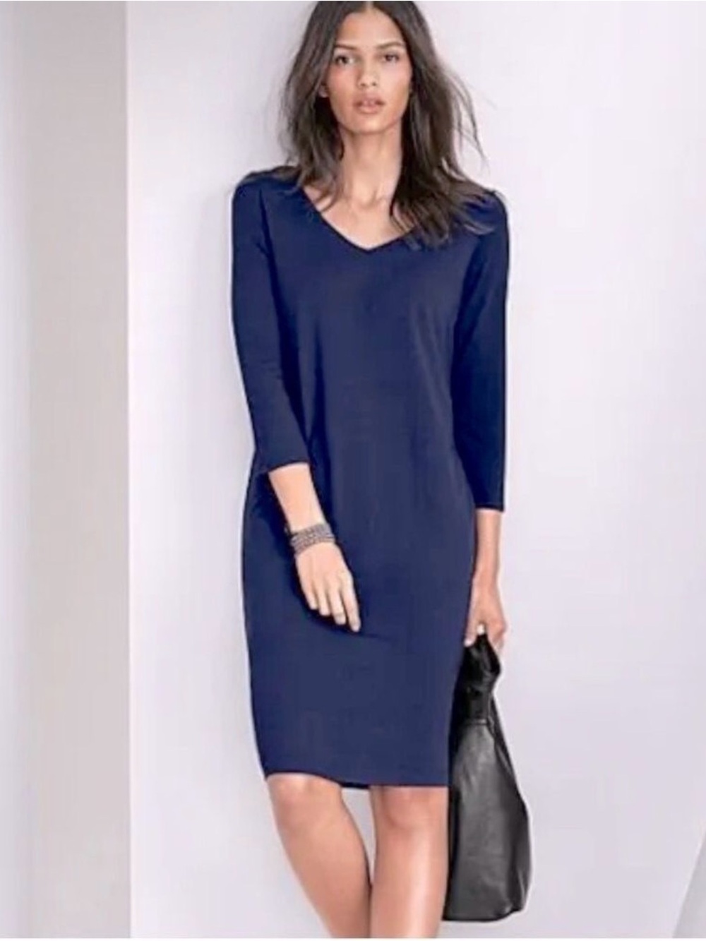 Eileen Fisher Tencel Lyocell V-Neck Jersey Midi Dress Size Medium Blue Luxury